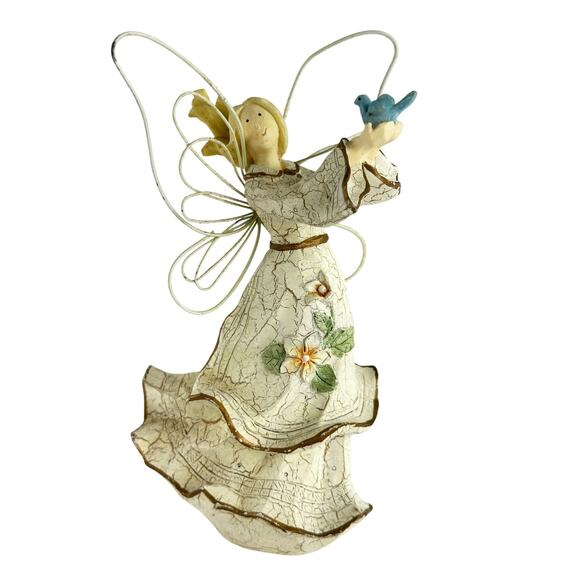 Vintage Tender Hearts Angel Figurine with Bluebird, Wire Wings, Crackle Finish - Picture 14 of 16